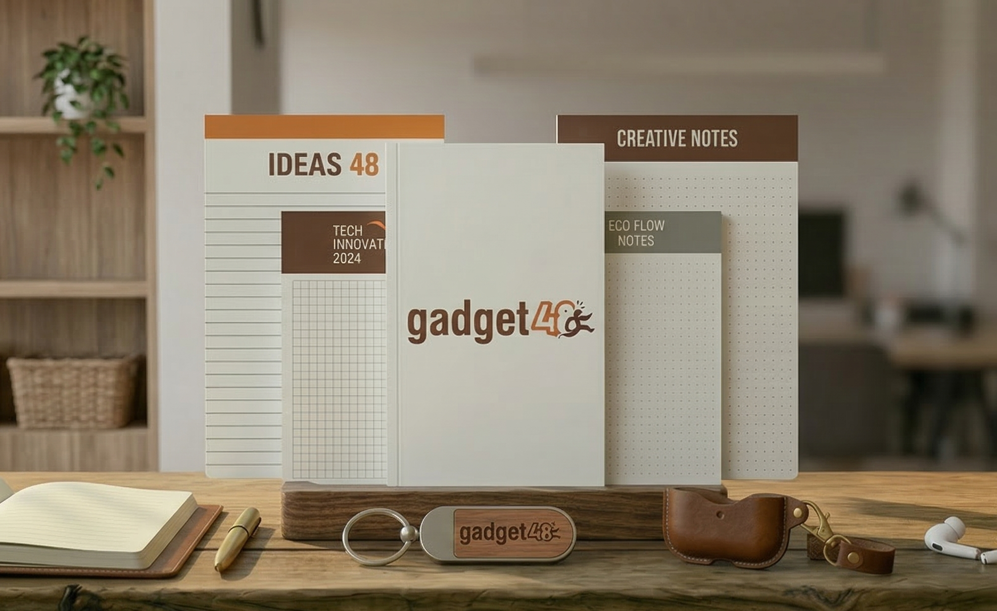block notes personalizzati esposti su una scrivania in legno in un ufficio moderno. In primo piano un block note bianco con il logo gadget48 a colori, affiancato da modelli con fogli a righe e quadretti. Completano la scena accessori da scrivania
