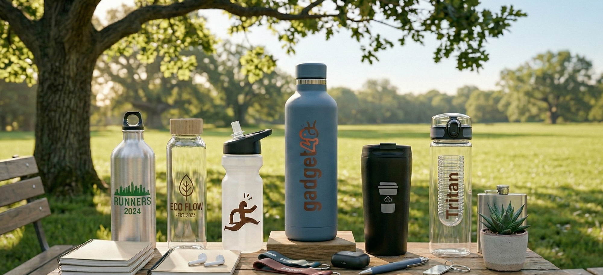 Borracce personalizzate di vari materiali disposte su una panca di legno. Al centro, una borraccia termica con il logo Gadget48. Ai lati, modelli di borracce personalizzate in alluminio, vetro con tappo in bambù e tritan trasparente con stampa