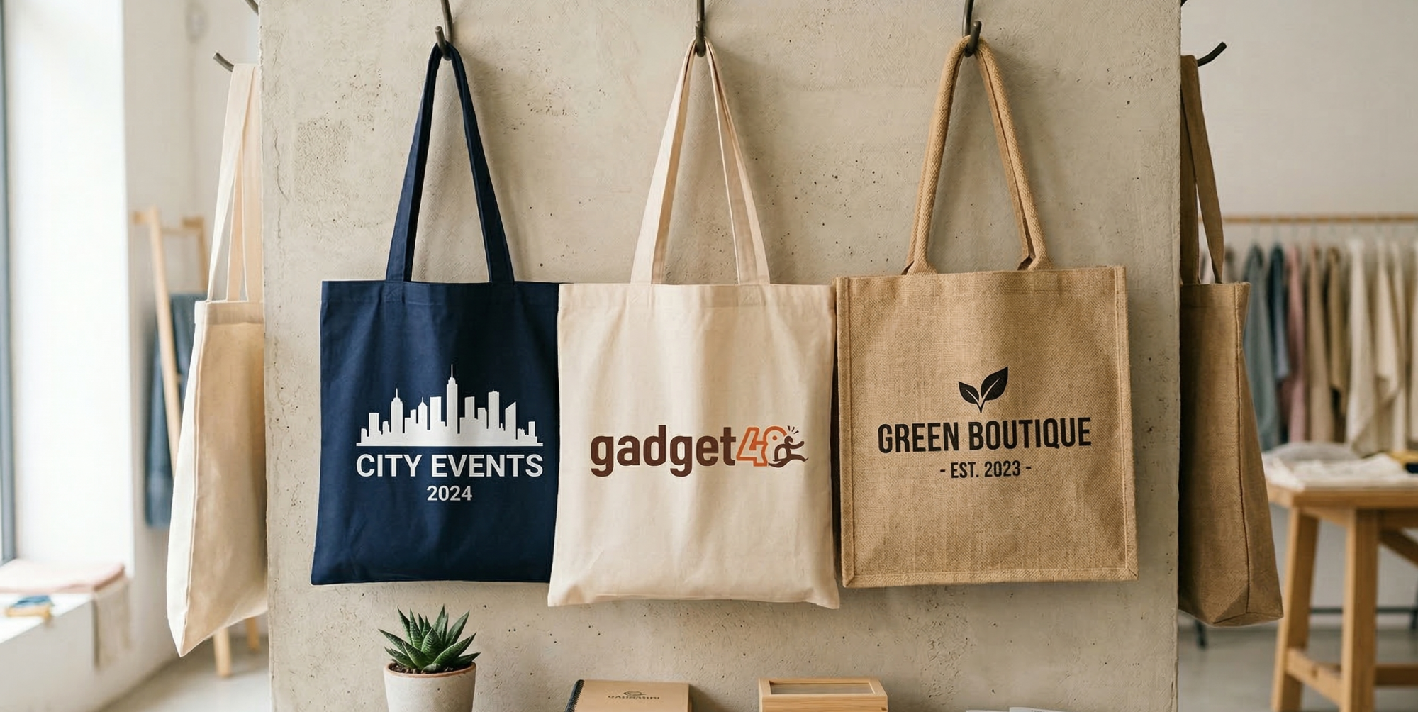 Tre shopper personalizzate appese. Al centro, una shopper in cotone naturale con un logo e la scritta GADGET48. A sinistra, una tote bag in tela personalizzata, a destra, una borsa ecologica in juta con logo stampato