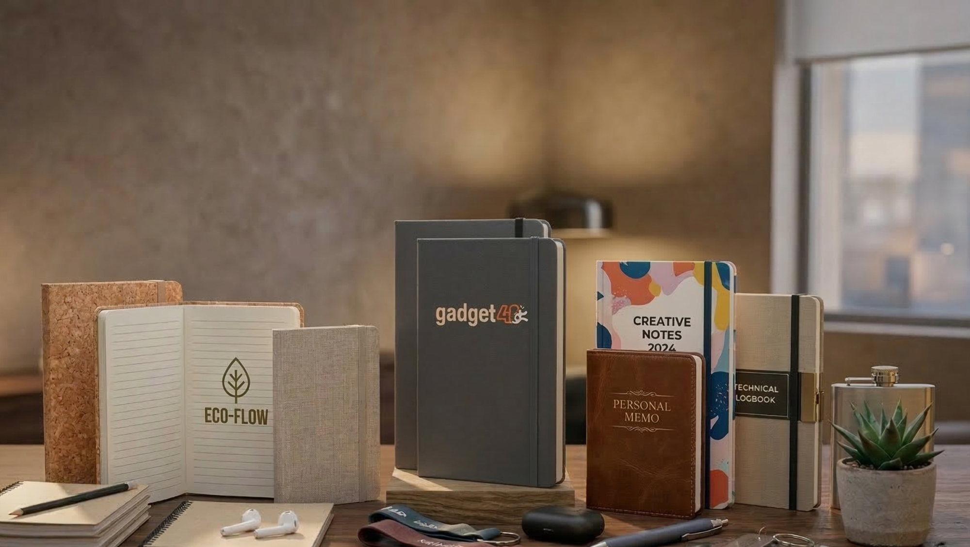 Taccuini  personalizzabili di Gadget48 su una scrivania in un ufficio moderno. In evidenza, una pila centrale con taccuini che mostrano il logo Gadget48. A sinistra, un taccuino aperto in sughero con e fogli a righe, taccuini a spirale e penne. A destra, quaderni dai materiali e finiture premium
