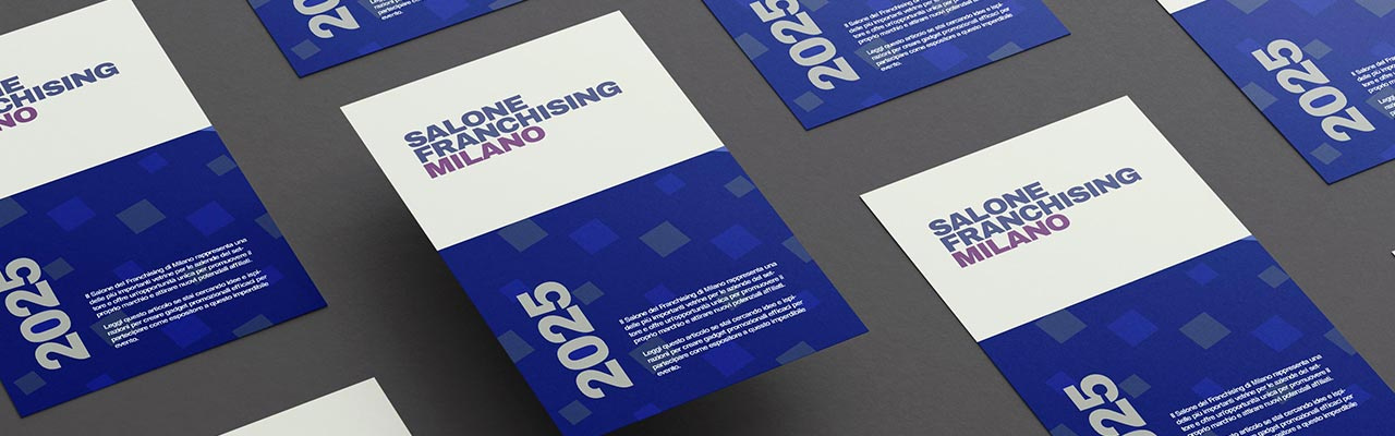 Pattern di flyer con titolo "Salone Franchising Milano" su sfondo nero