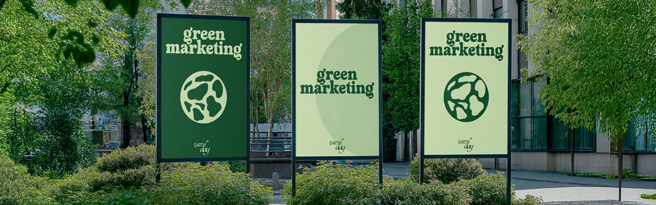 Tre cartelloni pubblicitari con scritto green marketing