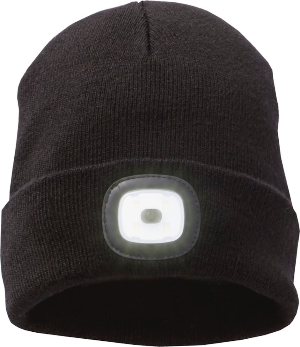Berretto invernale leggero con fari a LED in maglia nera, per
