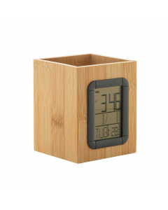 Portapenne cubo in bambù con orologio