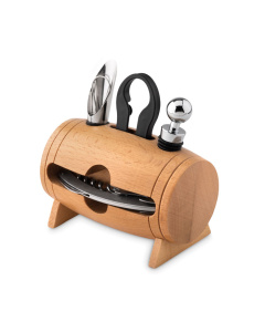 Set accessori vino in legno a forma di botte