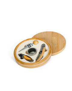 Set vino 4 pezzi in bambù con cofanetto rotondo