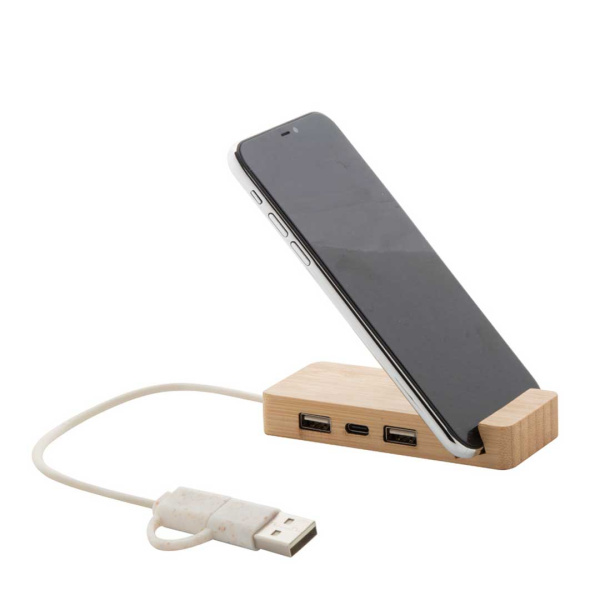 Hub USB in bambù con supporto per cellulare
