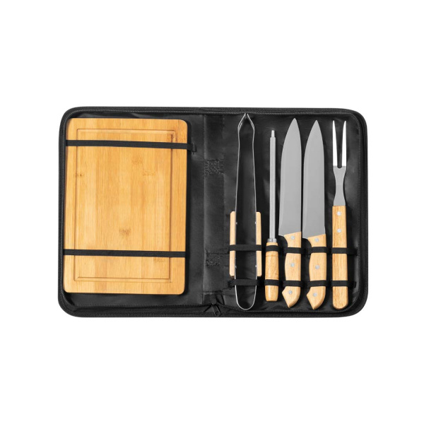Set BBQ 6 pezzi in acciaio inox e legno con valigetta