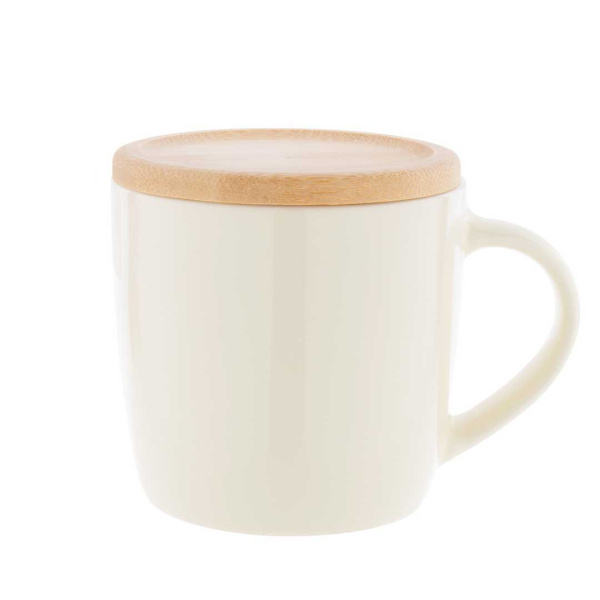 Tazza in ceramica da 370 ml con interno bianco e sottobicchiere in bambù