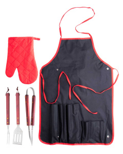 Set BBQ 5 pezzi in acciaio inox con manico in legno, guanto e grembiule in poliestere