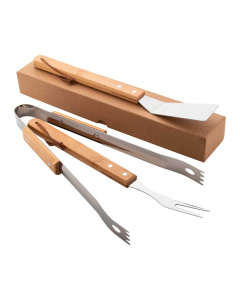 Set barbecue 3 pezzi con manico in bambù e scatola in cartoncino kraft