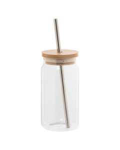 Bicchiere 450 ml in vetro con cannuccia in acciaio inox riciclato e coperchio in bambù