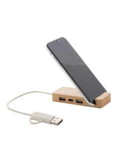 Hub USB in bambù con supporto per cellulare