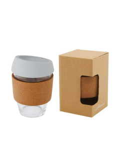 Bicchiere da 360 ml in vetro borosilicato con impugnatura in sughero e coperchio in silicone