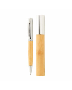 Penna a sfera in metallo con astuccio tubolare di bambù