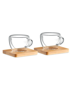 Set 2 tazzine in vetro con piattino in bamboo