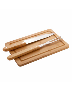 Set da carne con tagliere in bambù, forchetta e coltello in acciaio inox