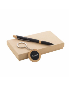 Set regalo con penna e portachiavi in acciaio riciclato e bambù