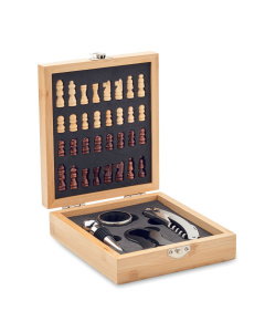 Set vino in bambù con scacchiera integrata e accessori