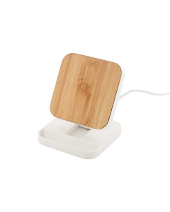 Supporto per cellulare in ABS riciclato con caricatore wireless rapido in bambù (15W)