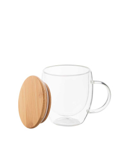 Tazza termica da 250 ml a doppia parete in vetro borosilicato con manico e coperchio in bambù