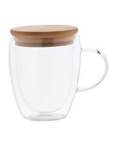 Tazza termica vetro borosilicato con coperchio bambù 350 ml