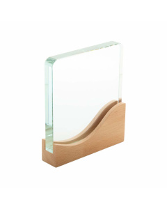 Trofeo in vetro quadrato con base in legno di faggio