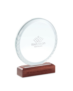 Trofeo rotondo in cristallo con base in legno