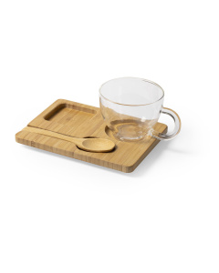 Mug in vetro con cucchiaio e vassoio in bambù