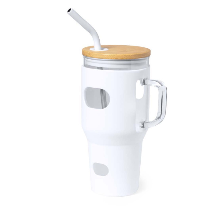Tazza grande da 1L in vetro e silicone con cannuccia