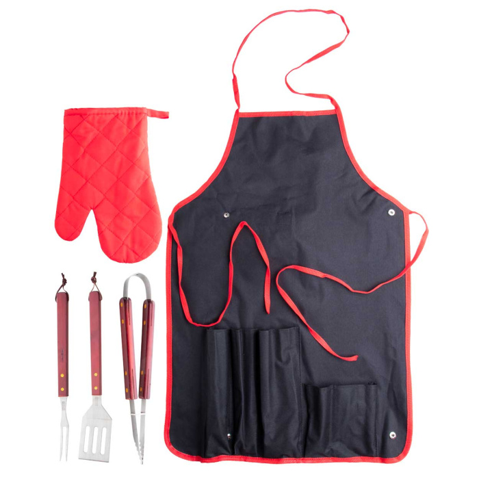 Set BBQ 5 pezzi in acciaio inox con manico in legno, guanto e grembiule in poliestere