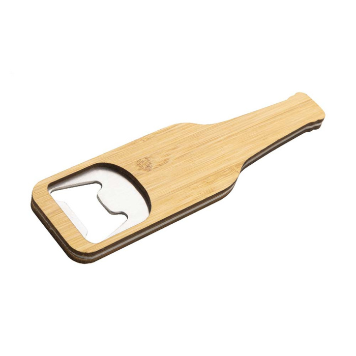 Apribottiglie a forma di bottiglia in acciaio e bambù