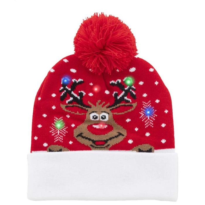 Berretto natalizio luminoso con 6 LED e pompon