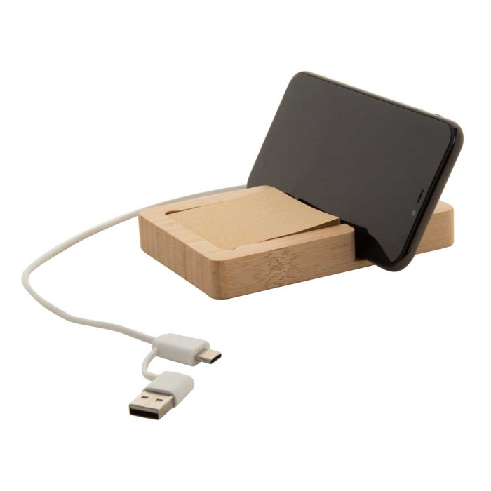 Hub USB in bambù con supporto cellulare e 130 foglietti in carta kraft