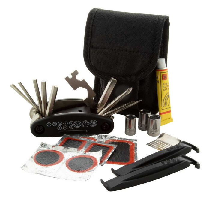 Kit di riparazione bicicletta con astuccio pratico e utensili