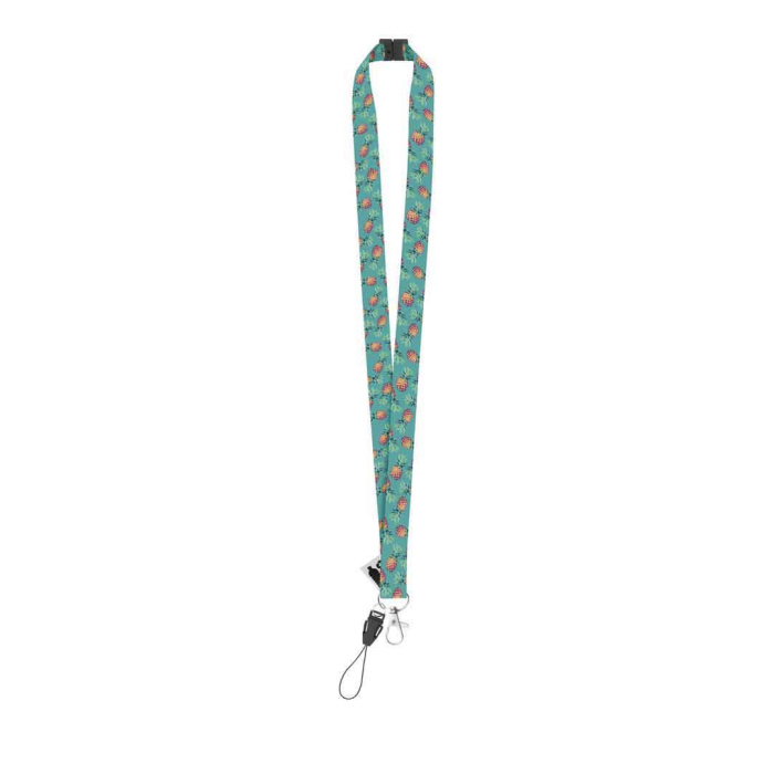 Lanyard in RPET con moschettone, cordino per cellulare e chiusura di sicurezza