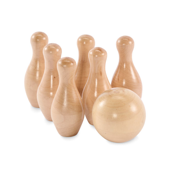 Mini bowling in legno con sacchetto in cotone