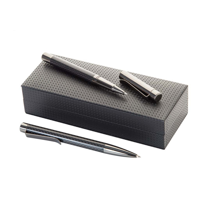 Penna e roller in metallo design carbonio in confezione regalo