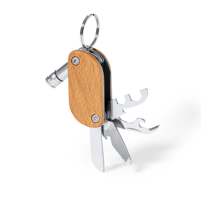 Portachiavi multiutensile in legno e acciaio con LED
