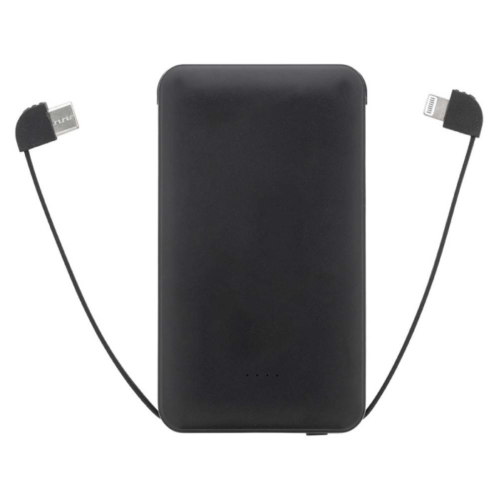 Power bank in ABS riciclato 5000 mAh con cavi integrati