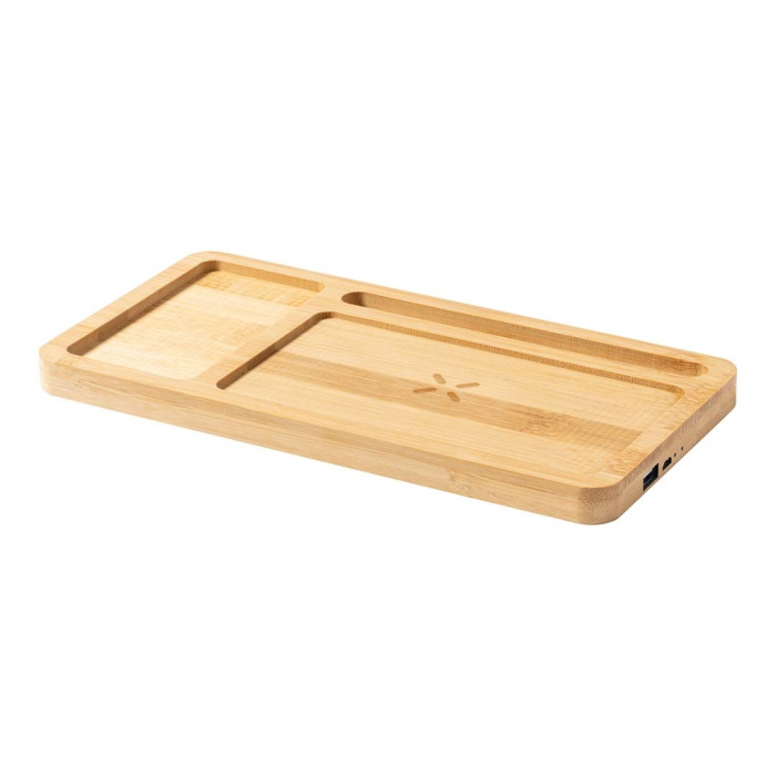 Power bank wireless e organizer in bambù