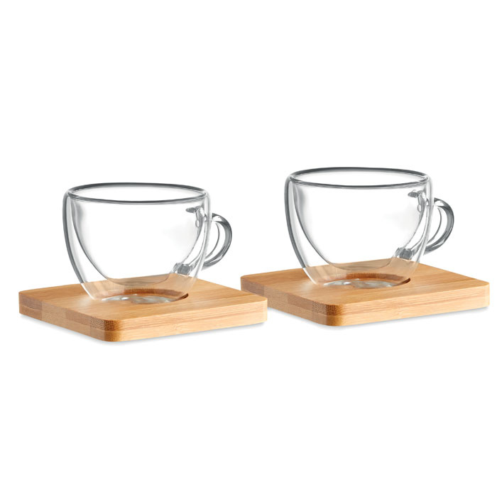 Set 2 tazzine in vetro con piattino in bamboo