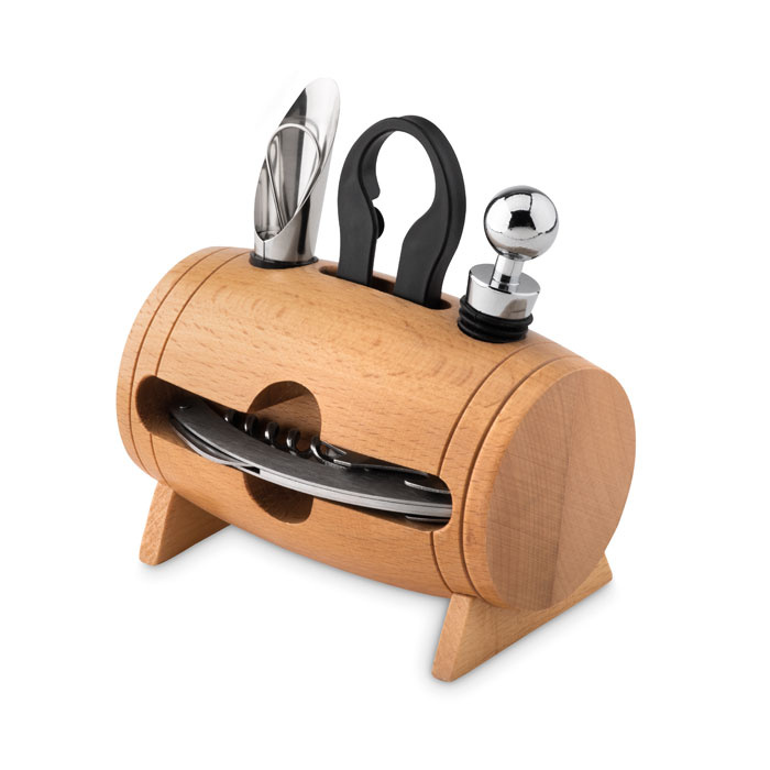 Set accessori vino in legno a forma di botte