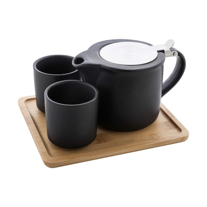 Set da tè in ceramica con vassoio in bambù