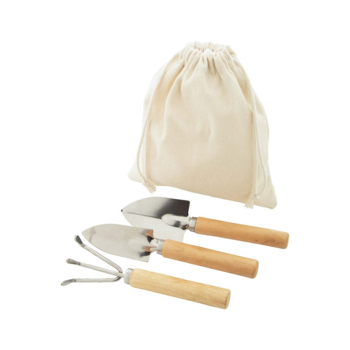 Set di 3 attrezzi da giardino con manici in legno e sacchetto in cotone