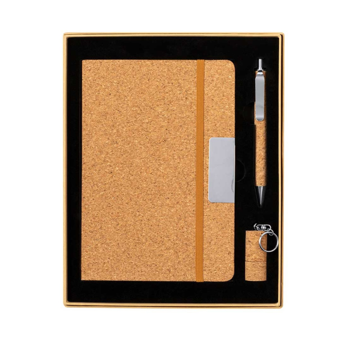 Set sughero con blocco, penna e portachiavi USB 16GB