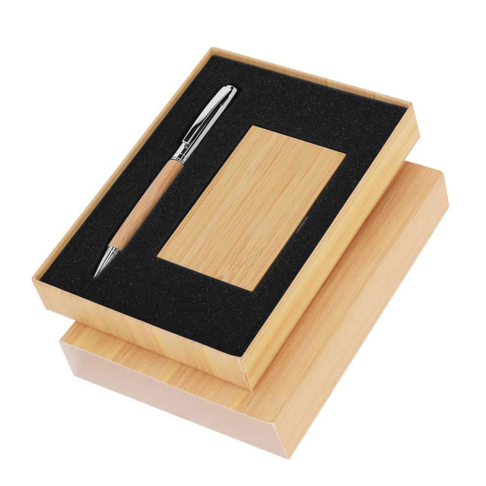 Set di penna e portacarte in bambù e metallo dal design elegante