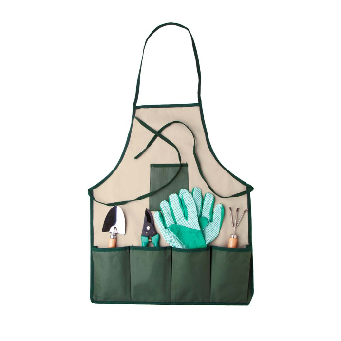 Set giardinaggio con grembiule in nylon, attrezzi e guanti