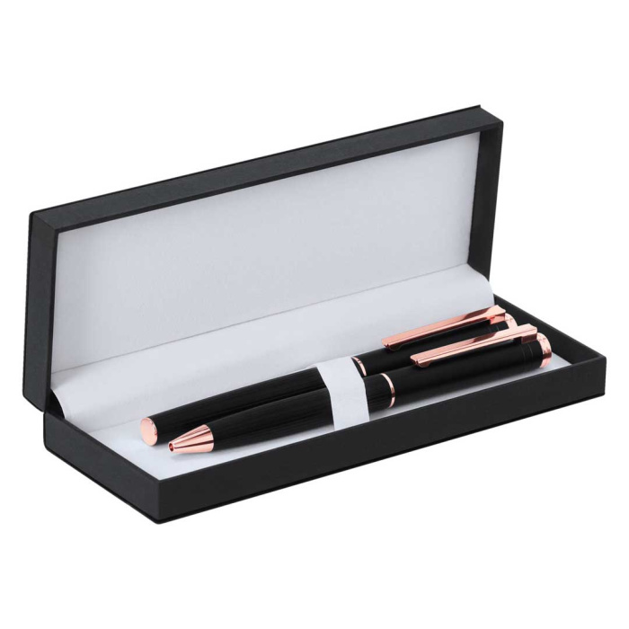Set penna a sfera e roller in alluminio nero opaco con dettagli oro rosa