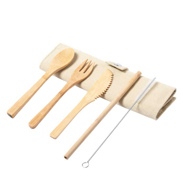 Set posate in bambù 5 pz in sacchetto di cotone